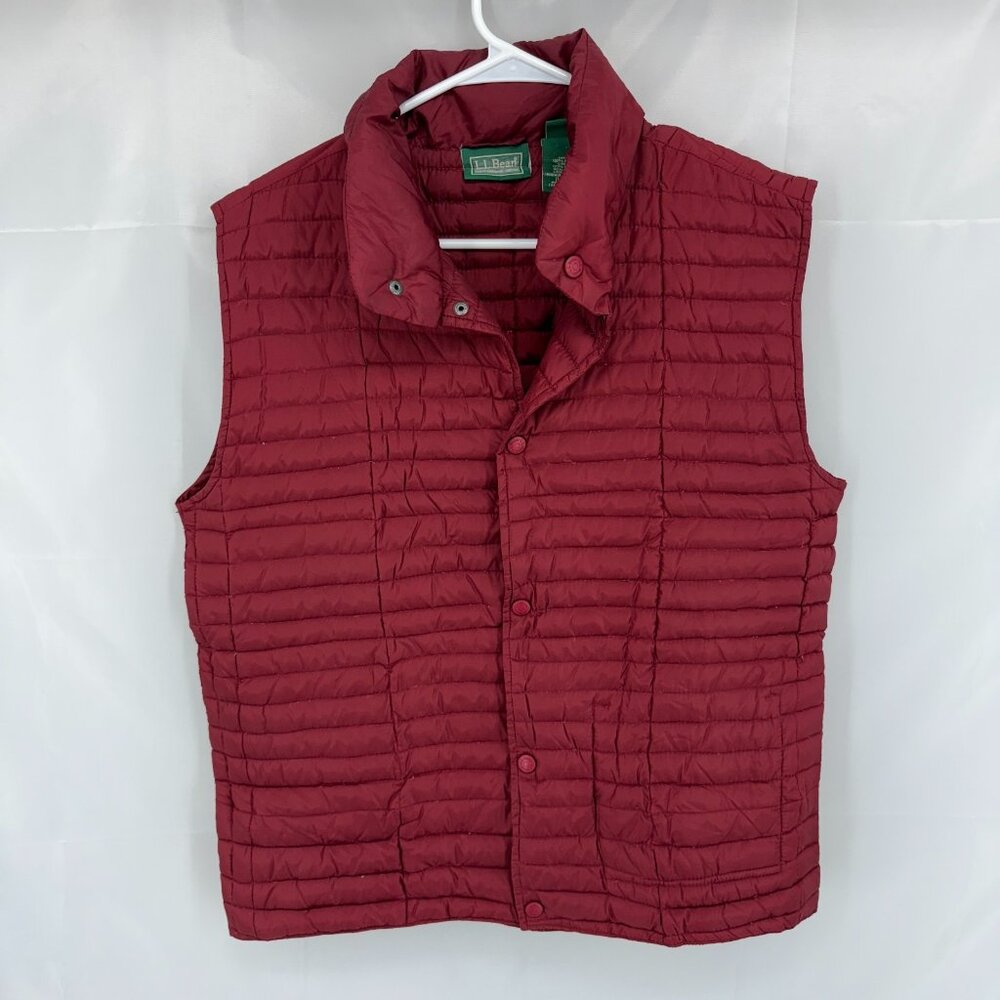 LL Bean Men M Down Vest Packable Filled Sleeveless Puffer Full Snap Red Pockets